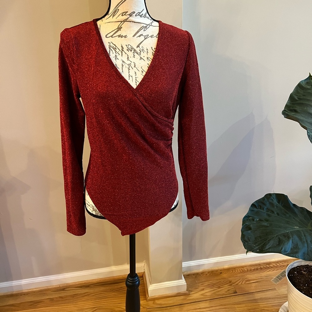 SHEIN large glitter red wrap style body suit with snap crotch closure